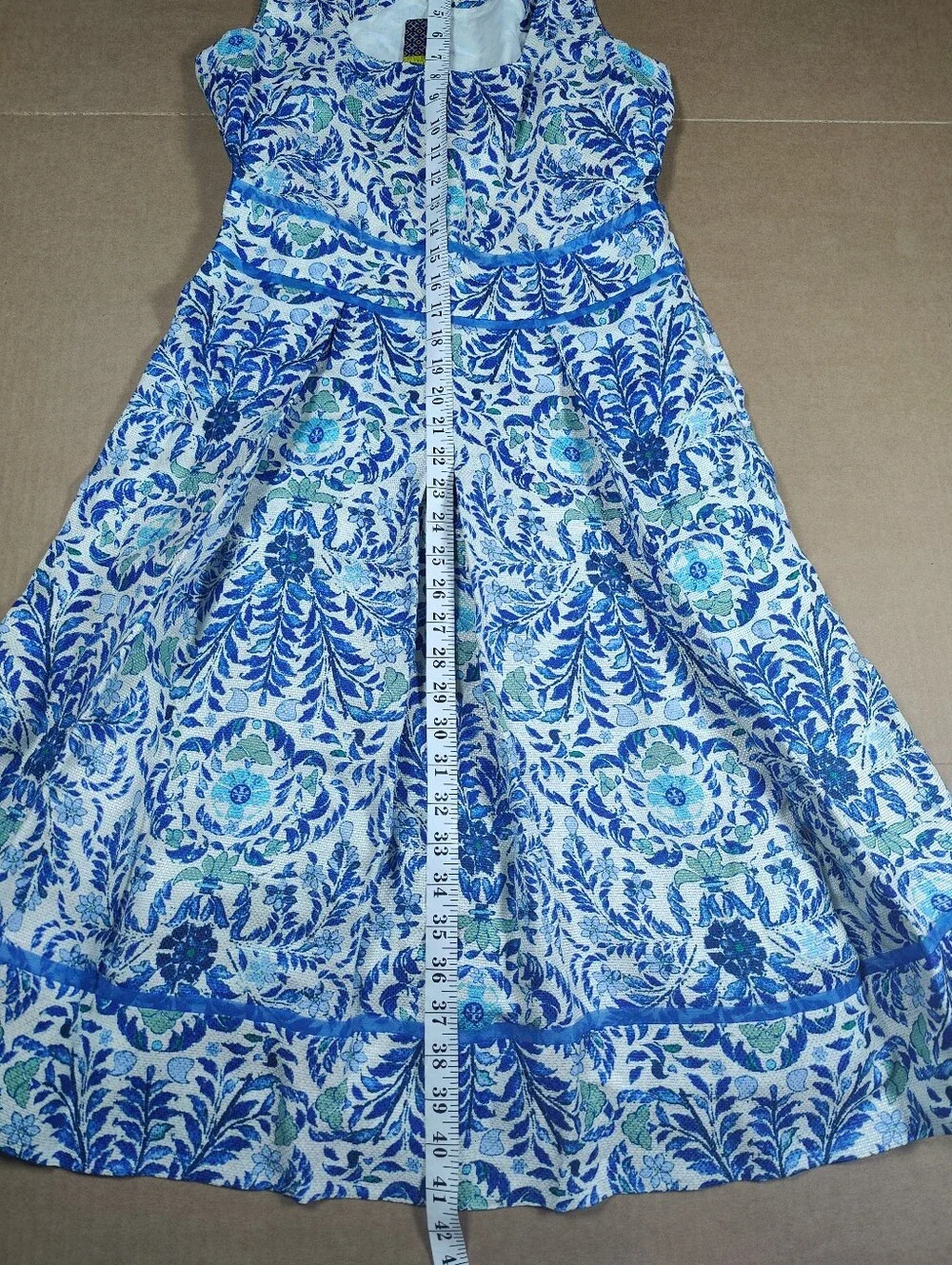 NWT Tory Burch Ramona Blue White Floral Silk Linen Fit & Flare Dress Retail 450$